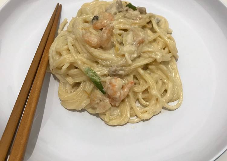 makanan Spaghetti Carbonara with Shrimp 🍤 Anti Gagal