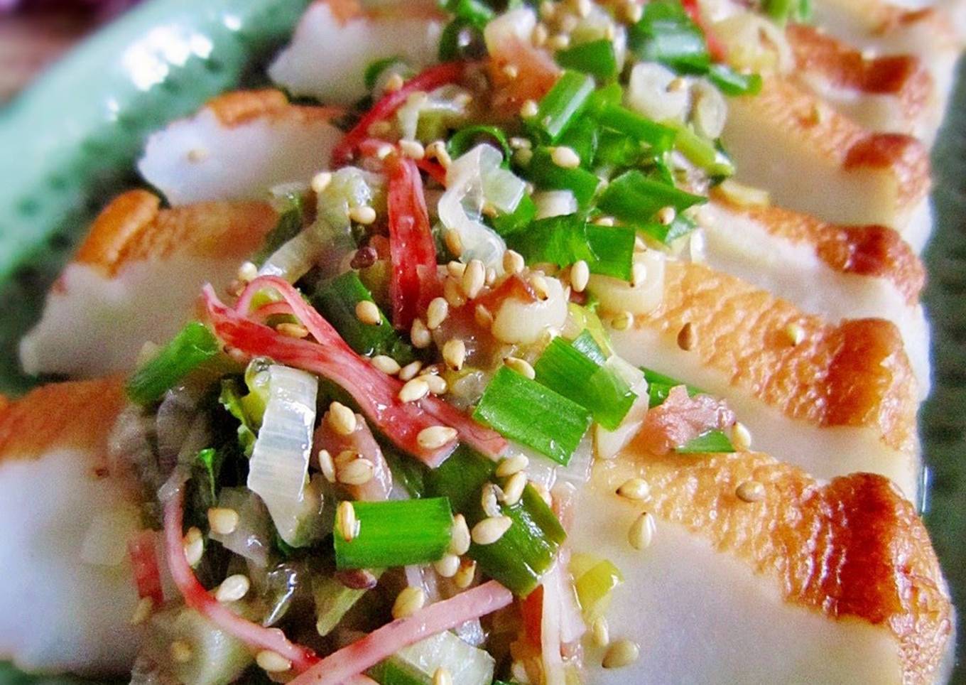 Sautéed Hanpen Fishcake with Sesame Seed and Japanese Leek Sauce