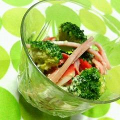 A picture of Broccoli and Crabsticks with Sesame Mayonnaise Vinegar Sauce.