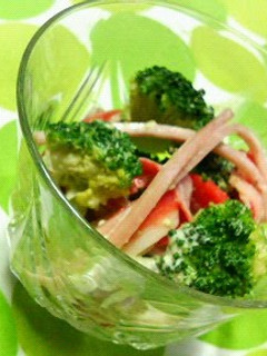 A picture of Broccoli and Crabsticks with Sesame Mayonnaise Vinegar Sauce.
