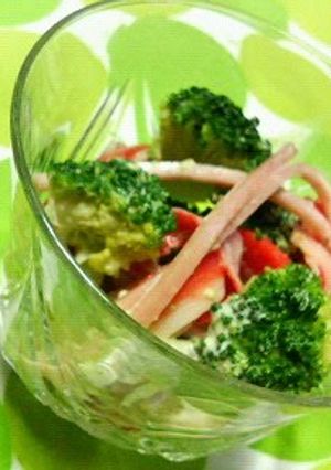 A picture of Broccoli and Crabsticks with Sesame Mayonnaise Vinegar Sauce.