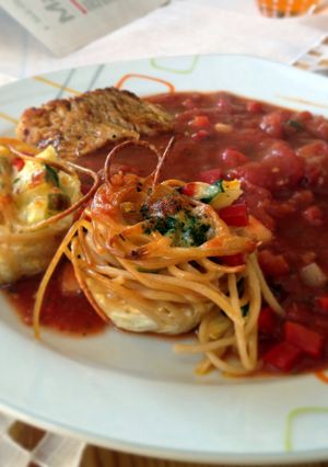 A picture of Pasta Nests With Mediterranean Veggies.