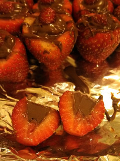 A picture of chocolate filled strawberries.