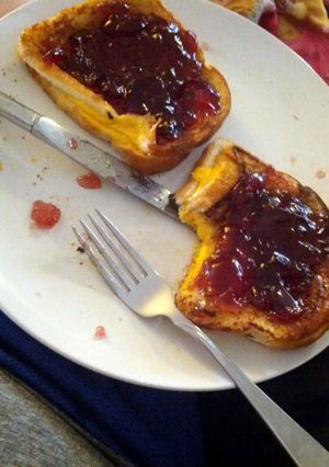A picture of Grilled cheese sandwiches with jelly.