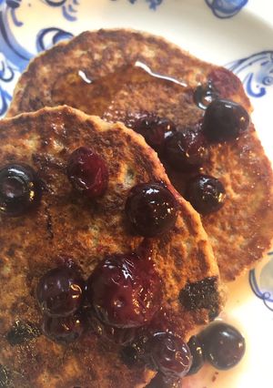 A picture of Blueberry banana pancakes - vegan.