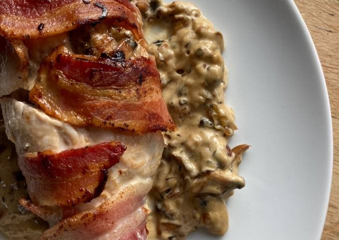 Mushroom stuffed chicken breast wrapped in bacon Recipe by Clare