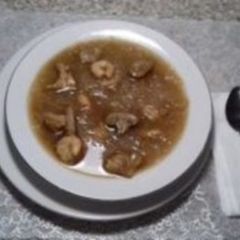 Chicken soup with Rice vermicelli, shrimp, and mushrooms A picture of Chicken soup with Rice vermicelli, shrimp, and mushrooms.