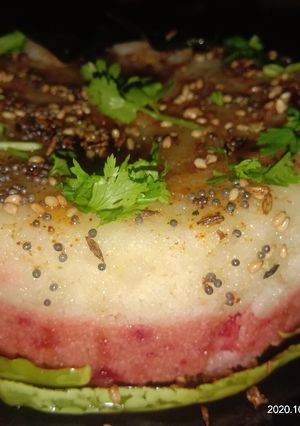 A picture of Beetroot semolina double colour dhokla.
