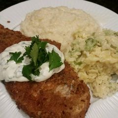 A picture of Brad's pretzel crusted cod with cilantro lime aioli.