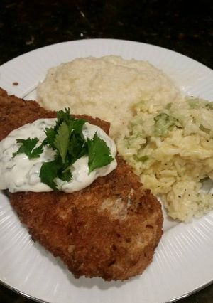A picture of Brad's pretzel crusted cod with cilantro lime aioli.