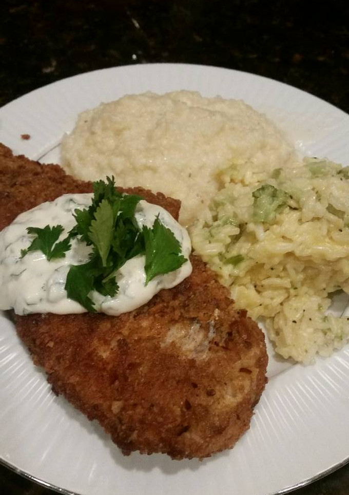 A picture of Brad's pretzel crusted cod with cilantro lime aioli.