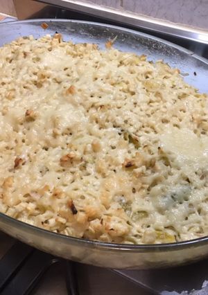 Une photo de Gratin de crozets aux trois fromages et fondue de poireaux