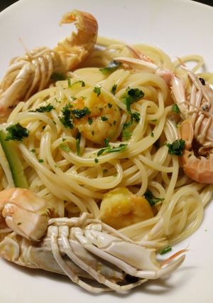 A picture of Langostine and prawn spaghetti.