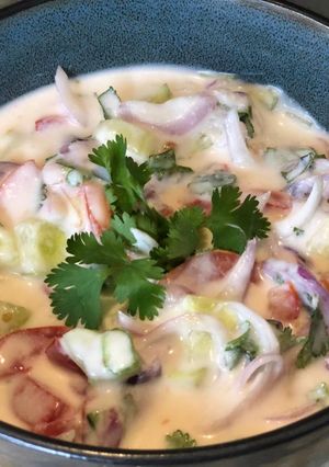 A picture of 3 colour Veggie Raita.