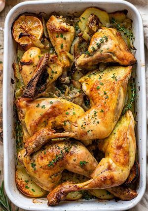 Una foto de Pollo al horno jugoso con patatas, cebolla y limón