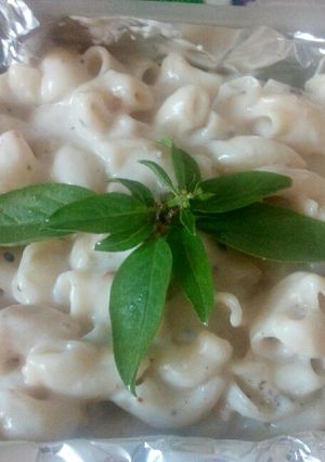 A picture of Macaroni in white sauce.