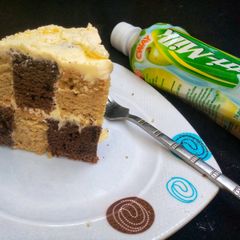 A picture of Vanilla chocolate checker board cake.
