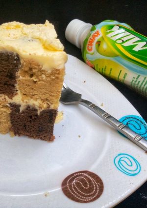 A picture of Vanilla chocolate checker board cake.