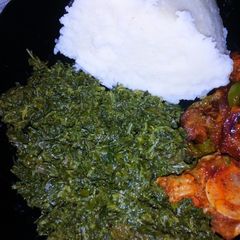 A picture of Wetfry(goat meat) combined with managu and ugali.
