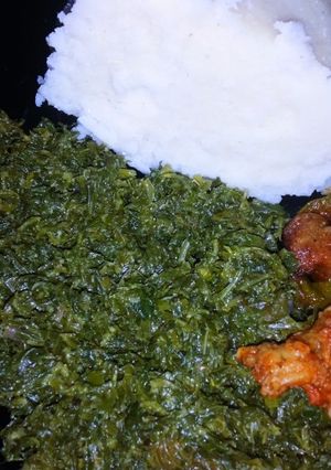 A picture of Wetfry(goat meat) combined with managu and ugali.
