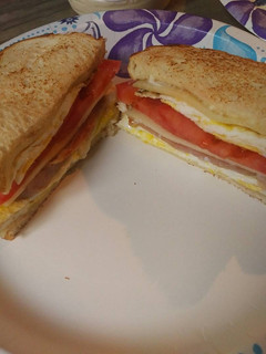 A picture of Spam and Eggs on Toasted Bread.