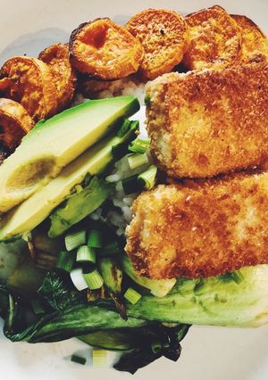 A picture of Coconut Crusted Tofu & Veggies on Rice.