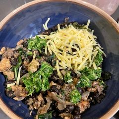 A picture of Marinated portobello with turkey skillet.