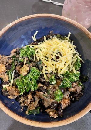 A picture of Marinated portobello with turkey skillet.