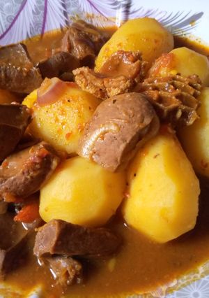 A picture of Offals peppered soup with potatoes.
