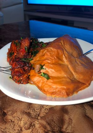 A picture of Moi moi,smoked pork meat with utazi.