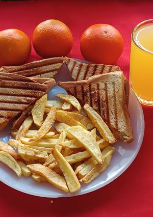 A picture of Cheese and Tomato Grilled Sandwich with French Fries.
