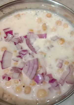 A picture of Boondi and onion raita.