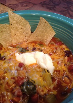 A picture of Tex-Mex Chicken and Three Bean Soup.