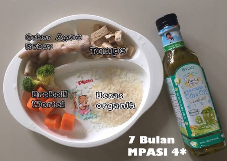 Langkah Mudah untuk Menyiapkan 7 Bulan MPASI menu 4* (Beras Organik+Brokoli Wortel+Ceker Ayam Rebus+Tempe+Evoo), Enak Banget