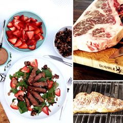 Grilled Wagyu Beef Strip Steak Over Spinach and Strawberry Salad A picture of Grilled Wagyu Beef Strip Steak Over Spinach and Strawberry Salad.