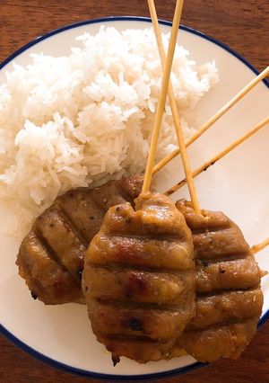 A picture of Quick Recipe for Another type of Thai Pork skewer"Called" Moo Ping Nom Sod ".