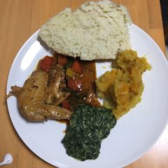 A picture of Dumpling/ Steamed Bread chicken stew and cream spinach.