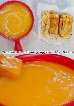 Hình của món . Soup Khoai Tây Cà Chua Mix Bánh Mì Sandwich Bơ Tỏi #BuổiĂnSángChoBé.