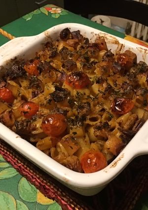 Une photo de Gratin de pâtes au légumes,roquefort et tomates cerises