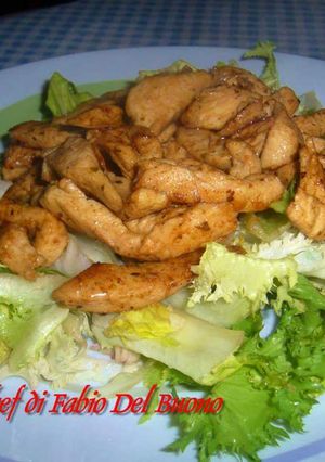 A picture of Chicken Breast Strips Served on Mixed Salad.