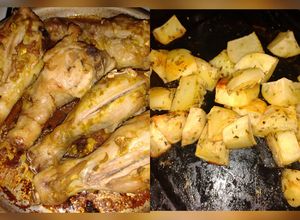 Una foto de Patas de Pollo al Verdeo con Mostaza y papas en cubos