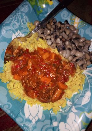 A picture of Rice nd beans with carrot stew.