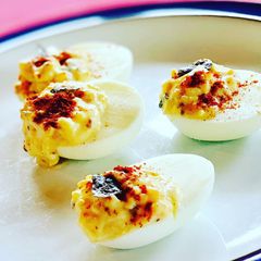 A picture of Devilled eggs with Nori.