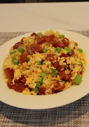 A picture of Fried Rice with Chinese Sausage and Vegetables.