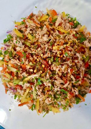 A picture of Spicy Tuna fillings with mix peppers.