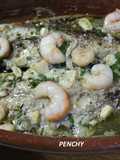 Estornino con gambas en ajada al horno