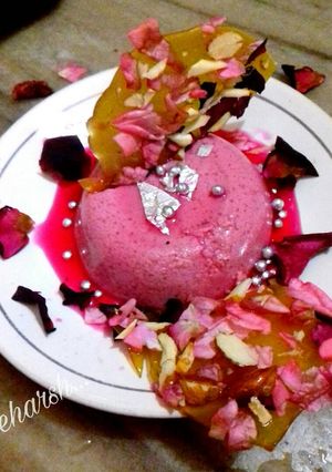 A picture of Valentine special.. rose pudding with crunchy rose almond chikki.