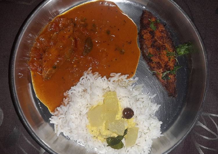 The Simple and Healthy Fish thali Rice with Fish curry fish fry and spiced buttermilk