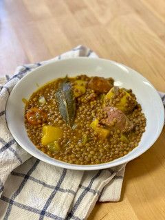 A picture of Easy Stewed Lentils with Vegetables and Chorizo.