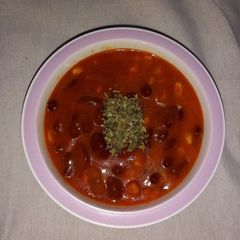 A picture of Red beans and Sweetcorn in spicy tomato sauce.